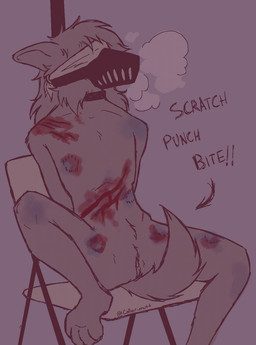 anthro bite_mark blindfold blood bodily_fluids bound bruised bruised_arm bruised_belly bruised_leg collar genitals gore hair muzzle_(object) pubes scratch_mark scratches sitting solo vulva collar_mutt canid canine canis domestic_dog mammal hi_res trans_(lore) trans_man_(lore)