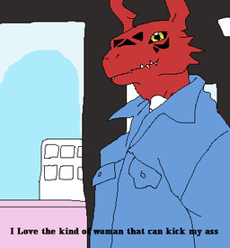 anthro black_facial_markings black_markings black_sclera black_text blue_clothing building closed_smile clothed clothing day facial_markings head_markings inside looking_at_viewer male markings mouth_closed multicolored_body red_body sharp_teeth sky smile solo standing teeth text voice_actor_joke white_body yellow_eyes richard_roe bandai_namco cowboy_bebop digimon spike_spiegel digimon_(species) guilmon 2023 digital_media_(artwork) english_text icon low_res meme pixel_(artwork) reaction_image