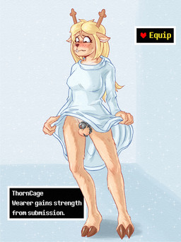 anthro balls chastity_cage chastity_device clothed clothing clothing_lift cloven_hooves dress dress_lift embarrassed freckles genitals gynomorph hooves horn intersex metal_chastity_cage penis solid_chastity_cage solo text text_box wearing_chastity_cage wearing_chastity_device wistfullinsomniac deltarune undertale_(series) noelle_holiday deer mammal english_text hi_res