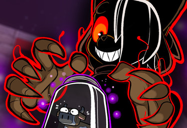 5_fingers ambiguous_gender anthro blurred_background bottle container duo fingers glowing glowing_eyes grin hair hair_over_eye in_bottle in_container male red_aura red_eyes sharp_teeth smile teeth conditional_dnp teckworks microsoft minecraft mojang xbox_game_studios bovid bovine cattle domestic_cat felid feline felis mammal siamese_cat werecreature 2026