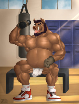 anthro barbell beard belly biceps big_belly bulge calf_muscles clothing deltoids detailed_bulge exercise eyebrows facial_hair footwear forearm_muscles genital_outline gym jockstrap male musclegut muscular muscular_arms muscular_male navel nipples pecs penis_outline shoes sitting solo tongue tongue_out triceps tusks underwear vein veiny_muscles weightlifting workout zeed_bullwolf domestic_pig mammal suid suine sus_(pig) hi_res