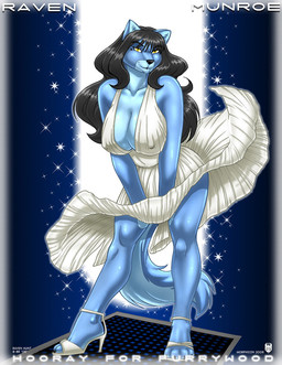 4_toes amber_eyes ankle_strap_heels anthro big_breasts biped black_hair black_nose blue_background blue_body blue_fur blue_hair breasts claws cleavage clothed clothing dress feet female footwear fur hair high_heeled_sandals high_heels hindpaw huge_breasts long_hair looking_at_viewer markings mole_(marking) paws plantigrade pose sandals shoes simple_background smile solo sparkles standing tail text toe_claws toes white_clothing white_footwear white_high_heels wind wind_lift yellow_eyes max_blackrabbit the_seven_year_itch marilyn_monroe raven_hunt canid canine canis mammal wolf 2008 digital_media_(artwork) english_text signature