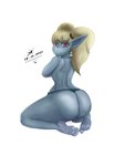 anthro big_butt blonde_hair blue_body blue_fur butt clothed clothing covering covering_chest fangs feet female fur hair kneeling looking_at_viewer panties pink_eyes ponytail scapula simple_background small_waist soles solo teeth thick_thighs thong topless topless_anthro topless_female underwear white_background rocketrachet league_of_legends riot_games tencent poppy_(lol) humanoid yordle 2021 3:4 hi_res signature