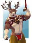 alternate_species anthro antlers bell bell_harness biceps biped brown_body brown_eyes brown_fur bulge chaps clothed clothing flexing fur harness horn jockstrap looking_at_viewer male muscular muscular_anthro muscular_male nipples pecs smile solo standing tattoo topless underwear white_body white_fur eclipticafusion luxordtimet ozzy_fitch deer mammal new_world_deer reindeer 2015 3:4 hi_res