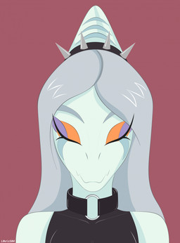 anthro biped black_clothing black_topwear blue_body bone_frill clothed clothed_anthro clothed_female clothing collar eyes_closed eyeshadow female female_anthro frill_(anatomy) front_view grey_hair hair head_down long_hair makeup markings red_background simple_background smile solo spiked_collar spikes striped_markings stripes text topwear louiss. goodbye_volcano_high ko_op_(game_developer) fang_(gvh) prehistoric_species pterosaur reptile scalie 2025 artist_name bust_portrait colored digital_media_(artwork) hi_res portrait shaded