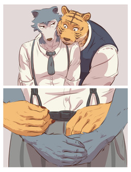 anthro anthro_on_anthro bathroom biped bottomwear brown_body brown_fur close-up clothed clothed_anthro clothed_male clothing covering covering_crotch duo front_view fur grey_body grey_fur hands_on_crotch inside interspecies looking_at_another male male/male markings necktie orange_body orange_fur pants reach_around shy striped_markings stripes topwear uniform vest white_body white_fur sadness_hao beastars bill_(beastars) legoshi_(beastars) canid canine canis felid mammal pantherine tiger wolf absurd_res colored comic hi_res multiple_scenes shaded