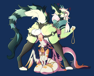 anthro balls bdsm blue_body blue_fur bondage bound buckle clothing deep_throat dominant duo female flat_chested fluffy footwear fur genitals gradient green_body green_fur gynomorph hair holding_leash holding_object horn huge_hips intersex intersex/female larger_dom leash legwear long_hair long_tail looking_pleasured open_mouth oral oral_penetration penetration penis size_difference small_waist smaller_female socks tail thigh_highs white_body white_fur wide_hips wings yellow_body yellow_fur cattheanimator mythology blueberry_(smolderg) angel_dragon dragon felid feline mammal mythological_creature mythological_scalie scalie alpha_channel