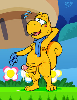 3_toes 4_fingers anthro balls blue_clothing blue_gloves blue_handwear blue_scarf blush bodily_fluids clothing cum cum_drip cum_on_feet cum_on_ground cum_on_penis cum_string darkened_nipples dripping erection feet fingers foreskin genital_fluids genitals glans gloves green_eyes handwear humanoid_genitalia humanoid_penis male moobs mostly_nude mostly_nude_anthro mostly_nude_male nipples non-mammal_balls open_mouth orange_nipples overweight overweight_anthro overweight_male penis pink_glans plantigrade retracted_foreskin rosy_cheeks scarf shell-less solo standing toes vein yellow_balls yellow_body yellow_penis arty_the_frog mario_bros nintendo kurt_koopa koopa koopa_troopa scalie digital_media_(artwork) hi_res