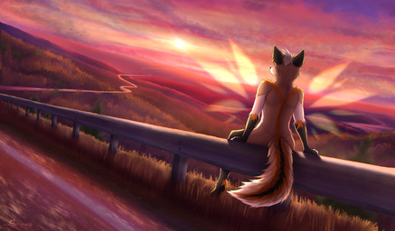 anthro fluffy fluffy_tail grass horizon light male nature nature_background nude plant road sitting solo sun sunlight sunset tail wings arssyarts arssy canid canine fox mammal absurd_res hi_res