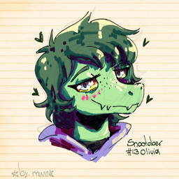 anthro biped black_clothing black_shirt black_topwear blush clothed clothed_anthro clothed_female clothing female freckled_face freckles front_view green_body green_hair grey_eyes hair half-closed_eyes happy heart_symbol hoodie looking_at_viewer medium_hair narrowed_eyes pattern_background purple_clothing purple_hoodie purple_topwear shirt simple_background smile solo striped_background text topwear yellow_sclera by:_muun cavemanon_studios i_wani_hug_that_gator olivia_halford baryonyx dinosaur prehistoric_species reptile saurischian scalie spinosaurid theropod 1:1 absurd_res artist_name character_name colored english_text hi_res shaded
