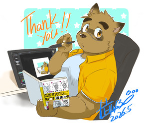 5_fingers anthro biped book brown_body brown_fur clothing fingers fur humanoid_hands kemono male shirt sitting slightly_chubby solo tablet text topwear white_clothing white_shirt white_topwear yellow_clothing yellow_shirt yellow_topwear inuryu morenatsu kounosuke_kuri canid canine mammal raccoon_dog tanuki 2026 english_text hi_res