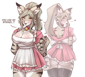 alternative_fashion anthro bell bell_collar big_breasts breasts butt classic_lolita cleavage clothed clothed_anthro clothed_female clothing collar dress eyeshadow female fully_clothed fully_clothed_anthro fully_clothed_female fur grey_body grey_fur grey_hair hair inner_ear_fluff j-fashion legwear lolita_(fashion) maid_apron maid_uniform makeup panties pink_clothing pink_dress pink_eyeshadow ponytail presenting presenting_hindquarters solo thigh_highs tuft underwear uniform yellow_eyes zevulpes the_invisible_man_and_his_soon-to-be_wife luna_jarashi bobcat felid feline lynx mammal hi_res