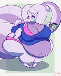 4:5 antennae_(anatomy) anthro back_rolls belly_overhang big_breasts big_tail bra breasts chonkycroc cleavage clothed clothing container cup deep_navel dragon english_text female front_view gastropod generation_6_pokemon goodra hi_res holding_container holding_cup holding_mug holding_object huge_breasts huge_hips huge_tail huge_thighs leaning leaning_forward mollusk morbidly_obese morbidly_obese_anthro morbidly_obese_female mug mythological_creature mythological_scalie mythology navel nintendo non-mammal_breasts obese obese_anthro obese_female overweight overweight_anthro overweight_female panties pigeon_toed pokemon pokemon_(species) purple_body scalie shirt signature simple_background skimpy slime solo standing tail text thick_tail thick_thighs three-quarter_view topwear underwear wasabi_(onefattycatty) wide_hips