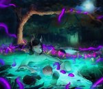 anthro bathing black_hair black_tail blurred_background forest full_moon fur glowing_plants grey_body grey_fur hair hot_spring humming male mane moon mystical night nude plant relaxing solo tail tentacles tree water mintsugarboi equid equine horse mammal absurd_res hi_res