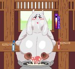 anthro blush bodily_fluids breast_milking female fur lactating red_eyes solo white_body white_fur crossman undertale_(series) toriel boss_monster_(undertale) digital_media_(artwork) pixel_(artwork)