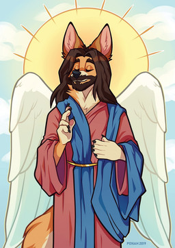 anthro beard clothing cloud eyes_closed facial_hair hair long_hair male religion robe sky solo standing wings fabuponah bible jesus_christ canid canine mammal 2019 hi_res watermark
