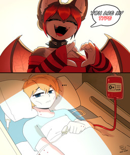 anthro bed_sheet bedding blonde_hair blood blood_transfusion blue_eyes bodily_fluids clothed clothing collar detailed_background dialogue duo female fingers hair inside male membrane_(anatomy) membranous_wings open_mouth pillow smile speech_bubble text wings arzy_parzy alina_(arzy_parzy) bat human leaf-nosed_bat mammal microbat vampire vampire_bat yangochiropteran absurd_res comic english_text hi_res
