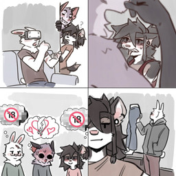 anthro biped blush bottomwear breasts butt clothed clothed_anthro clothed_female clothed_male clothing ear_piercing eyewear faceless_anthro faceless_character faceless_male female fingers front_view fully_clothed fully_clothed_anthro fully_clothed_female fur gauged_ear glasses group hair hoodie inside looking_at_viewer male open_mouth piercing scar simple_background sitting smile standing tail teeth thought_bubble throuple topwear trio vr_headset spuydjeks marshall_(spuydjeks) miles_(spuydjeks) spuydjeks_(character) bat hyena lagomorph leporid mammal rabbit 1:1 2026 comic digital_drawing_(artwork) digital_media_(artwork) hi_res