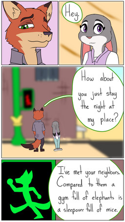 anthro blurred_background dialogue duo female fur grey_body grey_fur male orange_body orange_fur pointy_ears rabbit_ears text traffic_sign hahstudios disney zootopia judy_hopps nick_wilde canid canine european_rabbit fox lagomorph leporid mammal oryctolagus rabbit red_fox true_fox comic english_text