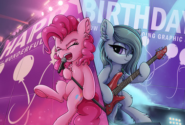bass_guitar cutie_mark duo electronics eyelashes eyes_closed female feral fur green_hair grey_body grey_fur guitar hair half-closed_eyes holding_musical_instrument holding_object inner_ear_fluff long_hair microphone microphone_stand musical_instrument narrowed_eyes open_mouth pink_body pink_fur pink_hair pink_tail plucked_string_instrument purple_eyes singing string_instrument tail tuft zeepheru zeepheru_pone friendship_is_magic hasbro my_little_pony marble_pie_(mlp) pinkie_pie_(mlp) earth_pony equid equine horse mammal pony hi_res sibling_(lore) sister_(lore) sisters_(lore)