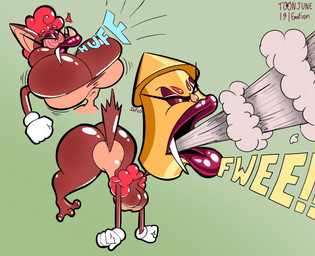 angry big_breasts big_butt big_legs breast_expansion breasts brown_body brown_fur bulging_breasts butt cartoon_eyes cartoon_gloves cartoon_physics clothing curvy_figure ear_piercing expansion fangs female floating fur hair hourglass_figure hyper inanimate_transformation lips orange_clothing piercing red_hair shapeshift spiral spiral_eyes teeth thick_lips toony toony_expression toony_eyes topwear transformation tube_top whistle_(object) whistling wildtake infinityartistix fizzi_the_fruit_bat animate_inanimate bat mammal megabat hi_res