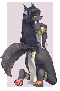 accessory anthro black_body black_fur black_hair clothing egyptian egyptian_clothing female fur hair inner_ear_fluff kneeling long_hair looking_at_viewer looking_back pawpads paws simple_background solo tail tuft usekh yellow_eyes lenxfox anubian_jackal canid canine canis humanoid jackal mammal absurd_res digital_drawing_(artwork) digital_media_(artwork) hi_res signature