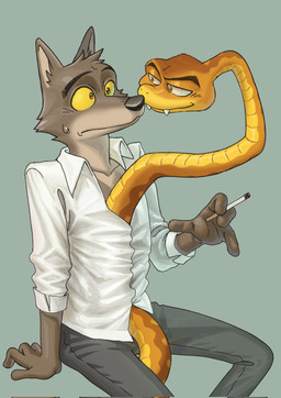 anthro bedroom_eyes bodily_fluids bottomwear brown_body cigarette clothed clothing duo fangs feral fur holding_cigarette holding_object male narrowed_eyes pants seductive shirt sitting smile sweat sweatdrop tail teeth topwear nyeong dreamworks the_bad_guys mr._snake_(the_bad_guys) mr._wolf_(the_bad_guys) canid canine canis mammal reptile scalie snake wolf digital_media_(artwork) hi_res