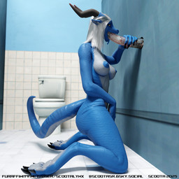 animal_genitalia animal_penis anthro blue_body blue_scales breasts claws equine_genitalia equine_penis female genitals glory_hole hair horn kneeling nude oral penis scales solo scoota mythology dragon mythological_creature mythological_scalie scalie 1:1 3d_(artwork) digital_media_(artwork) hi_res
