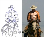 abs anthro canid canine clothed clothing cowboy equid equine hat headgear headwear horse line_art male mammal muscular muscular_anthro muscular_male nipples poop_(artist) pose rope solo topless western