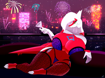 alcohol anthro bedroom_eyes beverage big_breasts biped bra breasts clothed clothing eyelashes female fireworks garter_straps hair holding_object huge_breasts legwear lingerie looking_at_viewer multicolored_body narrowed_eyes panties pupils purple_clothing red_body seductive smile solo text thick_thighs thigh_highs underwear white_body white_hair blueondrive nintendo pokemon generation_3_pokemon latias legendary_pokemon pokemon_(species) english_text hi_res