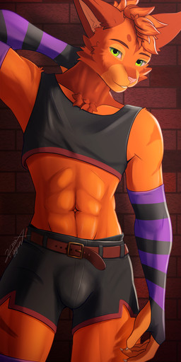 abs anthro arm_warmers armwear athletic athletic_male black_bottomwear black_clothing black_shirt black_shorts black_topwear bottomwear boxers_(clothing) brick brick_wall chest_tuft claws clothing crop_top fur green_eyes hotpants male muscular muscular_male orange_body orange_fur posing_for_picture shirt shorts topwear tuft underwear wall_(structure) hyginx aljoscha_bellmore domestic_cat felid feline felis mammal tabby_cat hi_res