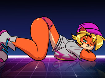 alternate_costume anthro ass_up beanie big_breasts blonde_hair bottomless breasts clothed clothing crossed_arms female green_eyes hair hat headgear headwear looking_at_viewer one_eye_closed panties shirt skindentation smile smirk smug solo synthwave t-shirt tailless topwear underwear wink ryujisama activision crash_bandicoot_(series) coco_bandicoot totally_tubular_coco bandicoot mammal marsupial 4:3 hi_res