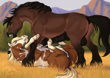 animal_genitalia animal_penis animal_vulva anus balls big_penis black_anus black_balls black_mane black_penis black_tail blue_eyes bodily_fluids brown_body brown_fur butt cum cum_on_belly cum_on_body cum_on_chest cum_on_ground cum_on_teats duo ear_piercing ear_ring equine_anus equine_genitalia equine_penis equine_vulva erection female feral feral_on_feral fur genital_fluids genitals lying male male/female mane medial_ring narrowed_eyes on_back open_mouth penis perineum piercing puffy_anus ring_piercing side_view tail tan_body tan_fur tan_mane tan_tail teeth vulva rufciu dreamworks spirit:_stallion_of_the_cimarron rain_(cimarron) equid equine horse mammal