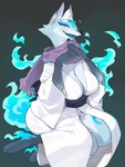 anthro big_breasts blue_body blue_eyes blue_fur breasts clothed clothing female fingers fur japanese_ghost_outfit kemono looking_at_viewer smile solo tenkan kame_3 yuurei-chan canid canine ghost mammal spirit yurei 2022 absurd_res digital_media_(artwork) hi_res