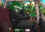 anthro bottle briefcase business_attire business_suit businesswear car clothing container driving forest green_body green_scales hand_on_head hungover inside_car inside_vehicle male multicolored_body multicolored_scales plant scales solo suit tree two_tone_body two_tone_scales vehicle white_body white_scales yellow_eyes tall_lizzard_(artist) cregon alligator alligatorid crocodile crocodilian reptile scalie hi_res shaded