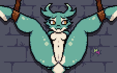 anthro bound breasts dungeon female female_anthro genitals green_body green_scales hands_behind_back horn navel non-mammal_breasts non-mammal_navel non-mammal_vulva nude nude_anthro nude_female scales shy_expression solo tail vulva yellow_eyes hantanyaw44 nameless_character kobold scalie digital_media_(artwork) hi_res pixel_(artwork)