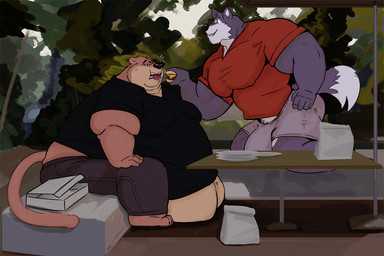 anthro bag belly belly_peek big_belly big_bulge bottomwear box bulge burger clothing container duo eating feederism feeding_another fluffy fluffy_tail food furniture huge_bulge male male/male muscular muscular_male nipple_outline outside overweight overweight_male pants pecs shirt shorts sitting smile standing table tail topwear weight_difference tcw canid canine canis cougar felid feline mammal wolf 3:2