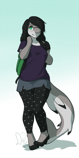 anthro backpack biped black_hair clothed clothing eyebrow_piercing eyewear facial_piercing female female_anthro glasses grey_body grey_skin hair hair_over_eye lip_piercing looking_at_viewer nose_piercing one_eye_obstructed piercing simple_background solo standing kittydee lucy_bones aquatic fish shark 2014 digital_media_(artwork) hi_res signature
