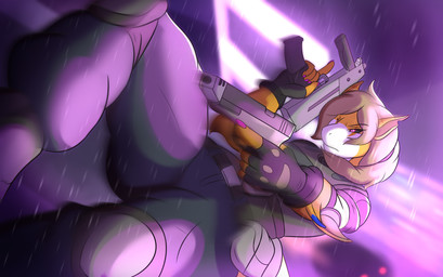 angry anthro city city_background duo female gun hair military neon_lights non-mammal_ears non-mammal_hair raining ranged_weapon soldier warrior weapon thony_dog aquatic fish shark absurd_res hi_res