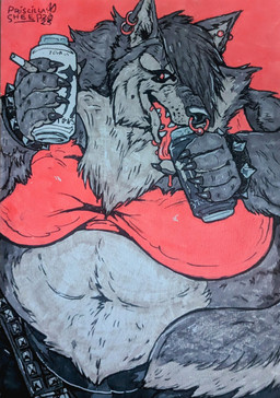 5_fingers anthro breasts cigarette ear_piercing ear_ring facial_piercing female fingers monster_energy_can multiple_piercings navel nose_piercing nose_ring overweight overweight_anthro overweight_female piercing red_background red_eyes red_tongue ring_piercing septum_piercing simple_background solo tongue priscillasheep monster_energy canid canine canis mammal wolf 2025 hi_res traditional_media_(artwork)