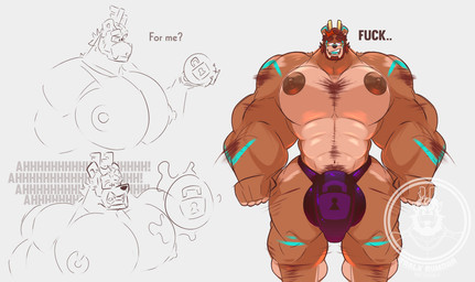 animal_genitalia animal_penis anthro balls barazoku big_balls big_muscles big_pecs big_penis body_hair brown_body brown_fur bulge chastity_bulge chastity_device chest_hair clothing erection fur genitals hair horn huge_penis latex lock_bulge lock_symbol male multicolored_body multicolored_fur multicolored_hair muscular muscular_anthro null_bulge pecs penis profanity pubes solo text underwear wearing_chastity_device tralk_rymohr mythology tralk_(oc) bear dragon hybrid mammal mythological_creature mythological_scalie scalie absurd_res digital_media_(artwork) english_text hi_res