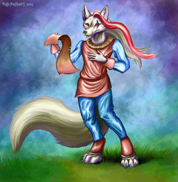 4_toes 5_fingers anthro biped blonde_hair claws clothed clothing day feet fingers fully_clothed grass hair hand_on_chest holding_object long_hair looking_at_viewer male outside plant red_eyes red_hair scroll simple_background smile solo standing toes white_background kekpafrany canid canine fox mammal 2014 digital_media_(artwork) hi_res