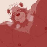 accessory anthro biceps blush bodily_fluids grin headband looking_at_viewer looming_over male muscular muscular_anthro muscular_male nipples pecs smile solo sweat run_aki lifewonders live_a_hero goro_(live_a_hero) bear mammal 1:1