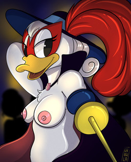 1800s_theme anthro beak big_breasts breasts cape clothing confident female group half-closed_eyes hat hat_feather headgear headwear loose_feather mask melee_weapon mostly_nude narrowed_eyes nipples non-mammal_breasts non-mammal_nipples nude open_mouth public public_nudity solo sword swordswoman weapon kinkypeach daisy_and_the_mysteries_of_paris disney disney_comics daisy_duck anatid anseriform avian bird duck 2025 hi_res