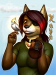 3:4 alcohol anthro arche_kruz avian beverage bird bottle canid canine canis cockatiel cockatoo collar container curley digital_media_(artwork) domestic_dog domestic_pet duo eye_patch eyewear female feral furries_with_pets glowing half-length_portrait kaye_devin mammal name_badge parakeet parrot perched portrait rum shiba_inu solo_focus spitz true_parrot