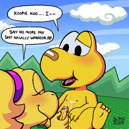 4_toes band-aid band-aid_on_face band-aid_on_nose bandage bandage_on_face bandage_on_nose blush bodily_fluids cloud cum dialogue duo feet female genital_fluids grass hair handjob heart_after_text male male/female mountain name_drop name_in_dialogue non-mammal_hair nude open_mouth outside outside_sex penile plant ponytail sex sitting sitting_on_ground speech_bubble text toes yellow_body sl350 takeshi1000 mario_bros nintendo paper_mario paper_mario:_the_thousand_year_door koopie_koo koops koopa koopa_troopa reptile scalie tortoise turtle 2009 dated english_text signature source_request