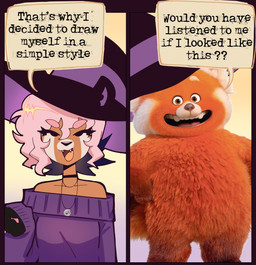 anthro choker clothing duo exposed_shoulder female hair hat headgear headwear jewelry necklace pendant pink_hair sweater topwear witch_hat young witchpanda disney pixar turning_red meilin_lee_(turning_red) witchpanda_(character) ailurid mammal red_panda absurd_res hi_res