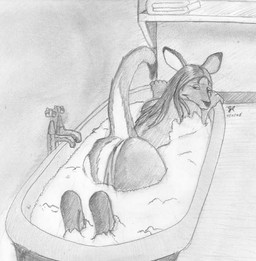 anthro anus bath bathroom bathtub bent_legs butt calves_up feet_out_of_water female fur genitals legs_out_of_water looking_at_viewer nude partially_submerged presenting presenting_hindquarters raised_calf raised_tail solo submerged_legs tail vulva water wet shadowstalkerw kangaroo macropod mammal marsupial 2006 monochrome