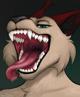 anthro bared_teeth bodily_fluids fur green_eyes long_tongue male mouth_shot open_mouth red_ears saliva saliva_on_tongue saliva_string solo tan_body tan_fur teeth teeth_showing tongue tongue_out raccoon24 felid feline lynx mammal absurd_res hi_res