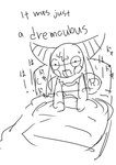 2_horns bed bedding blanket bodily_fluids bra clothing female furniture head_tuft horn long_ears neck_tuft pillow pupils scared scared_face small_pupils solo sweat text tuft underwear waking_up o-den bibi_(o-den) demon succubus english_text japanese_text monochrome